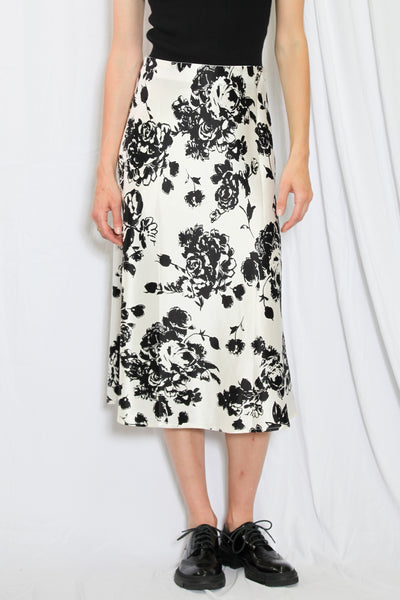 Silk Printed Black White Floral Midi Skirt