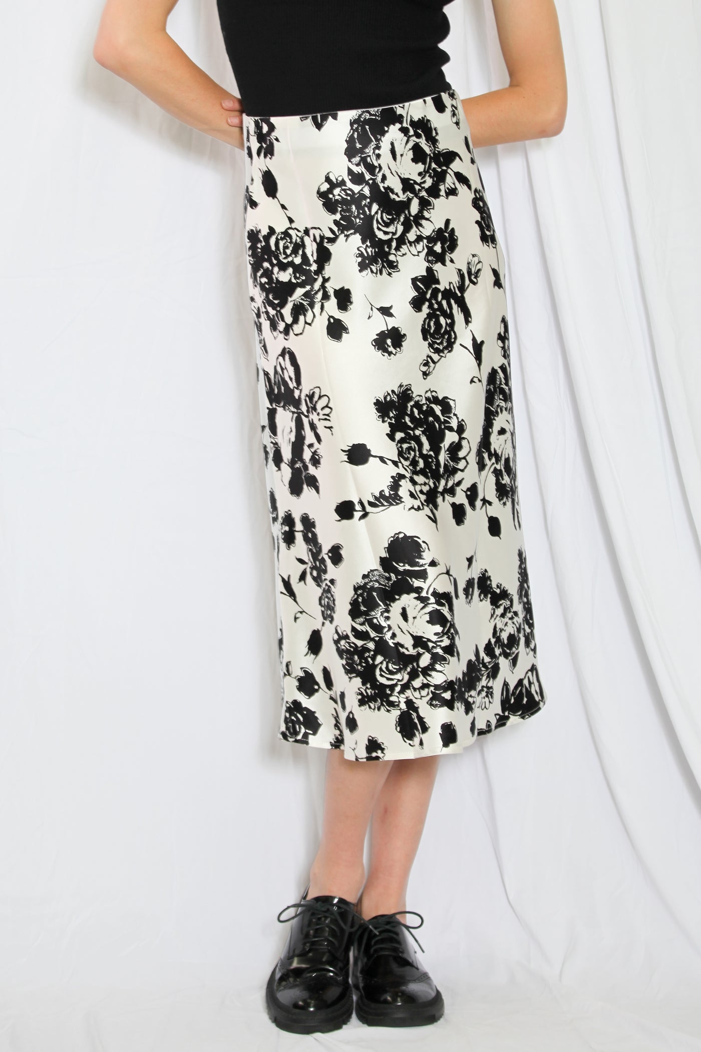 Silk Printed Black White Floral Midi Skirt