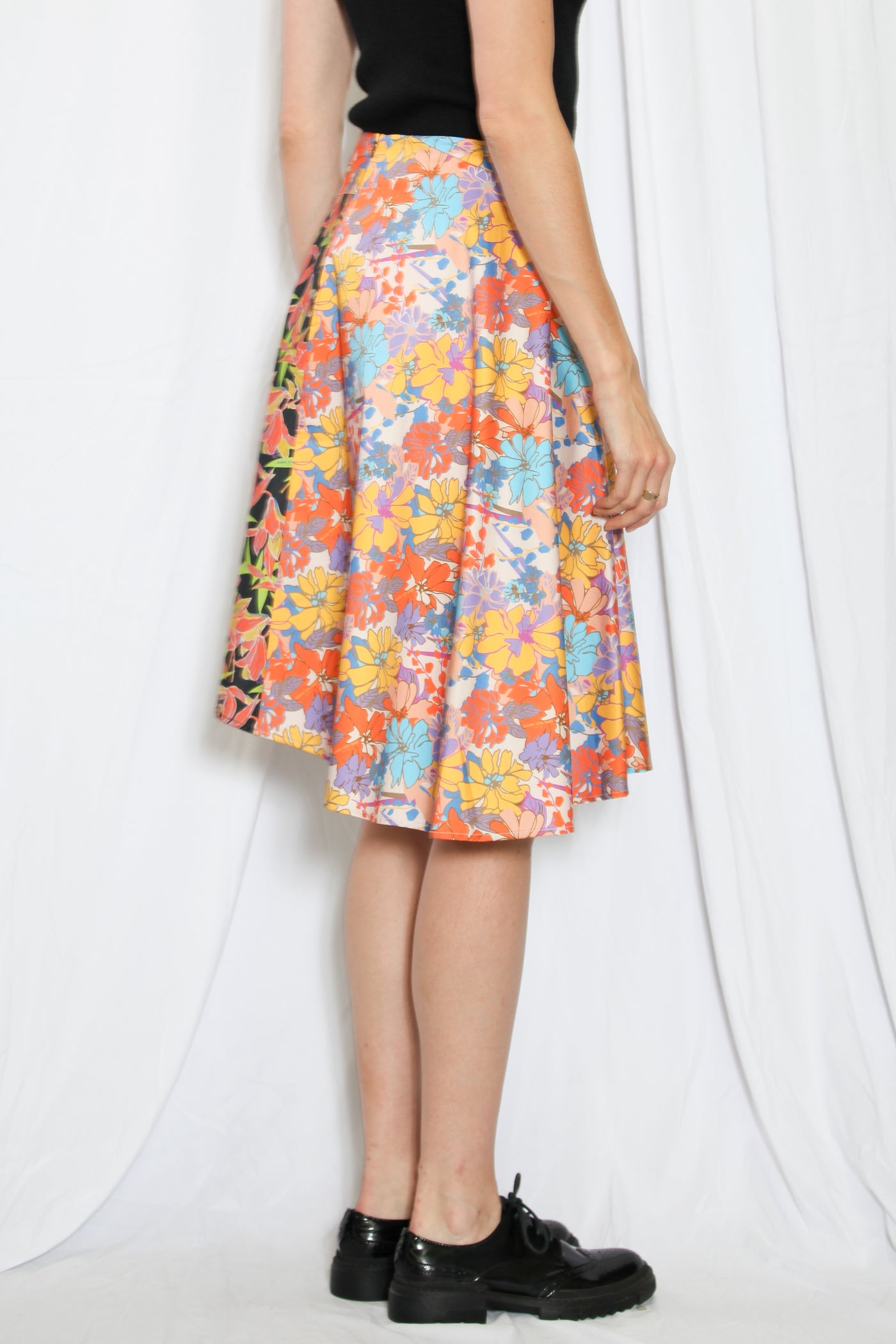 Floral Printed Orange Asymmetric Midi Skirt