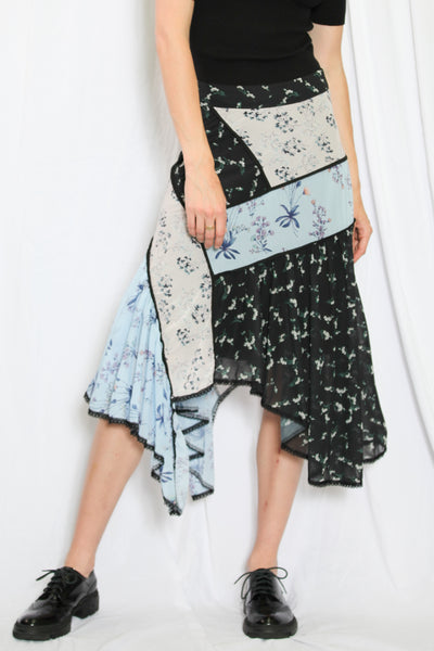 Silk Printed Patchwork Floral Midi Skirt