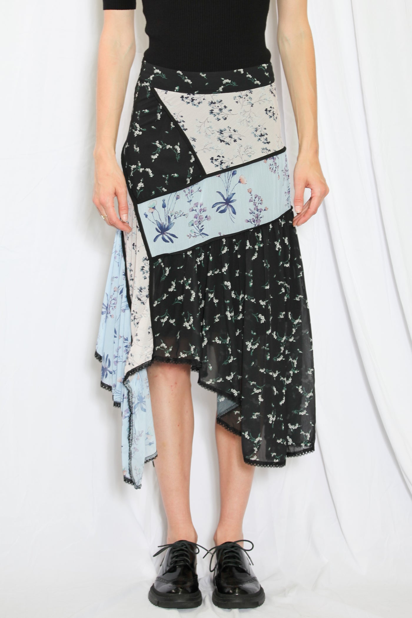 Silk Printed Patchwork Floral Midi Skirt