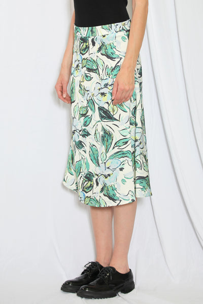 Silk Printed Green Floral Midi Skirt