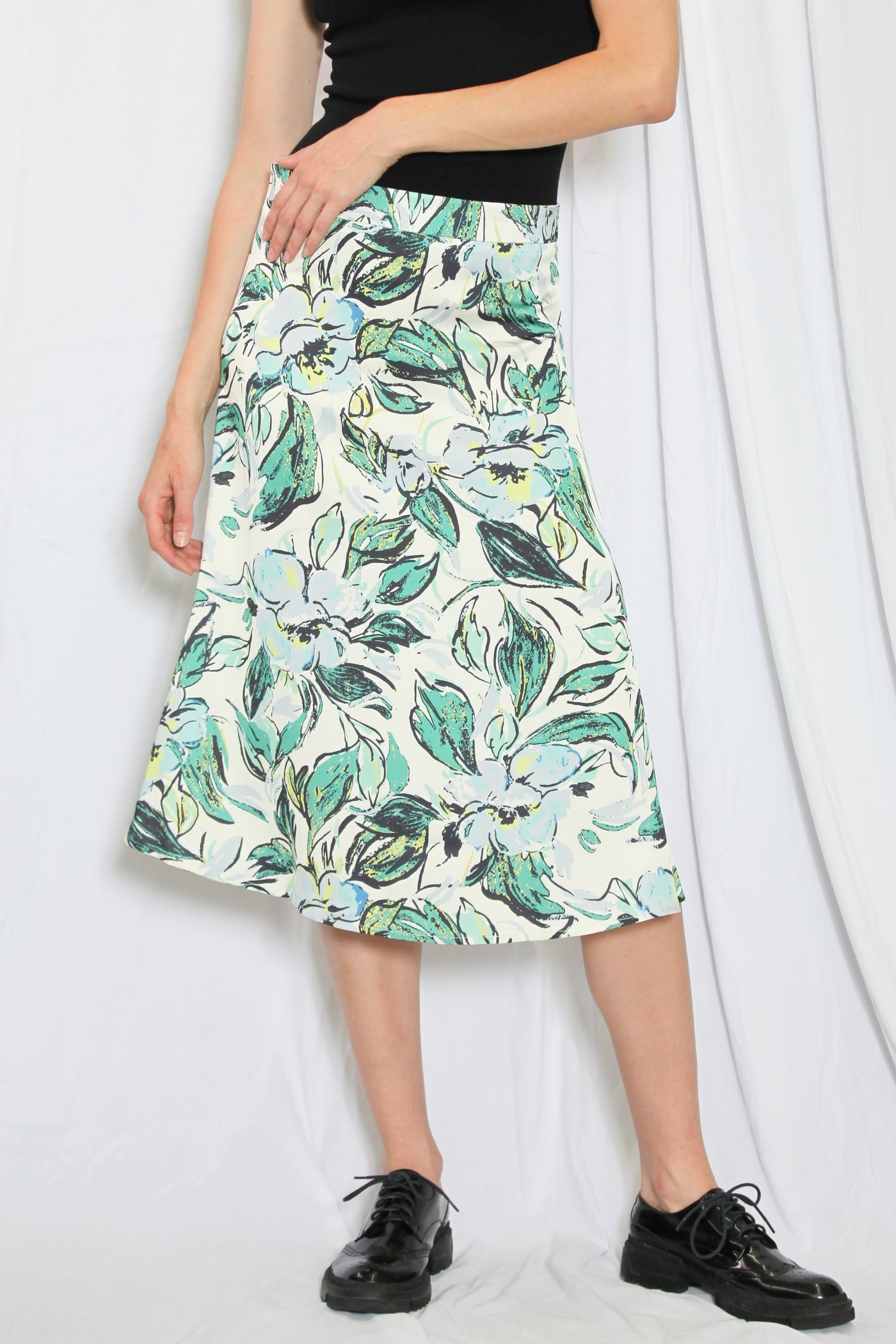 Silk Printed Green Floral Midi Skirt