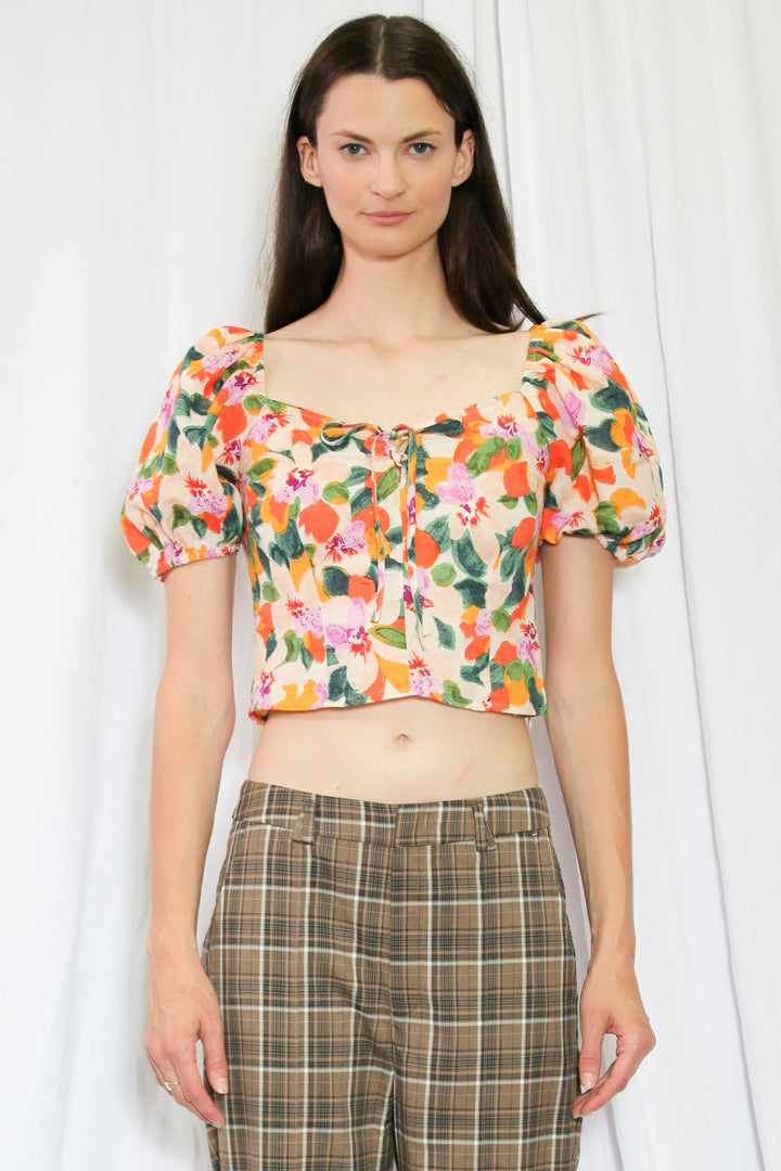 Top floral de algodón estampado naranja