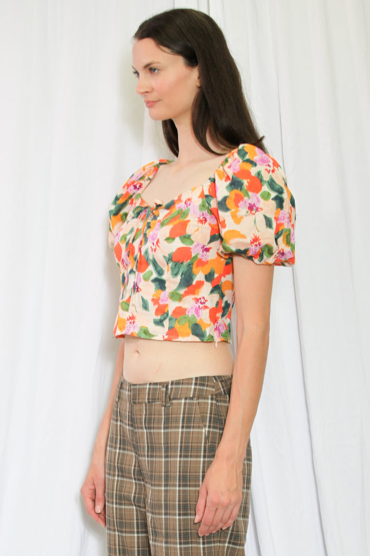 Top floral de algodón estampado naranja