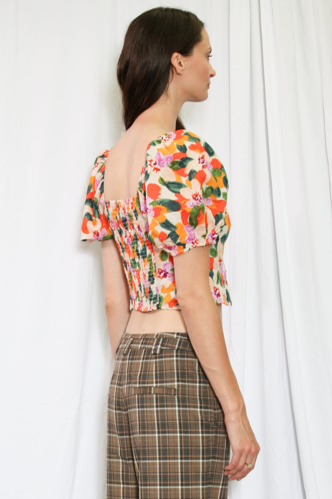 Top floral de algodão estampado laranja