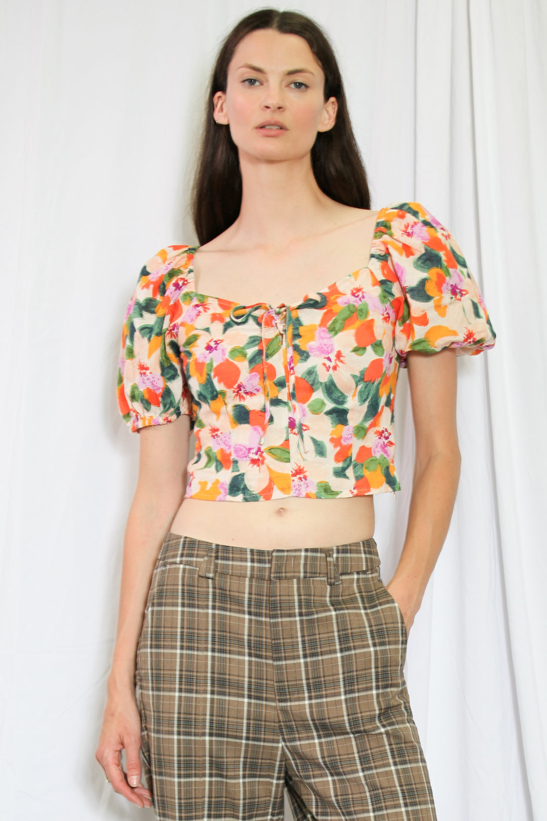 Top floral de algodón estampado naranja