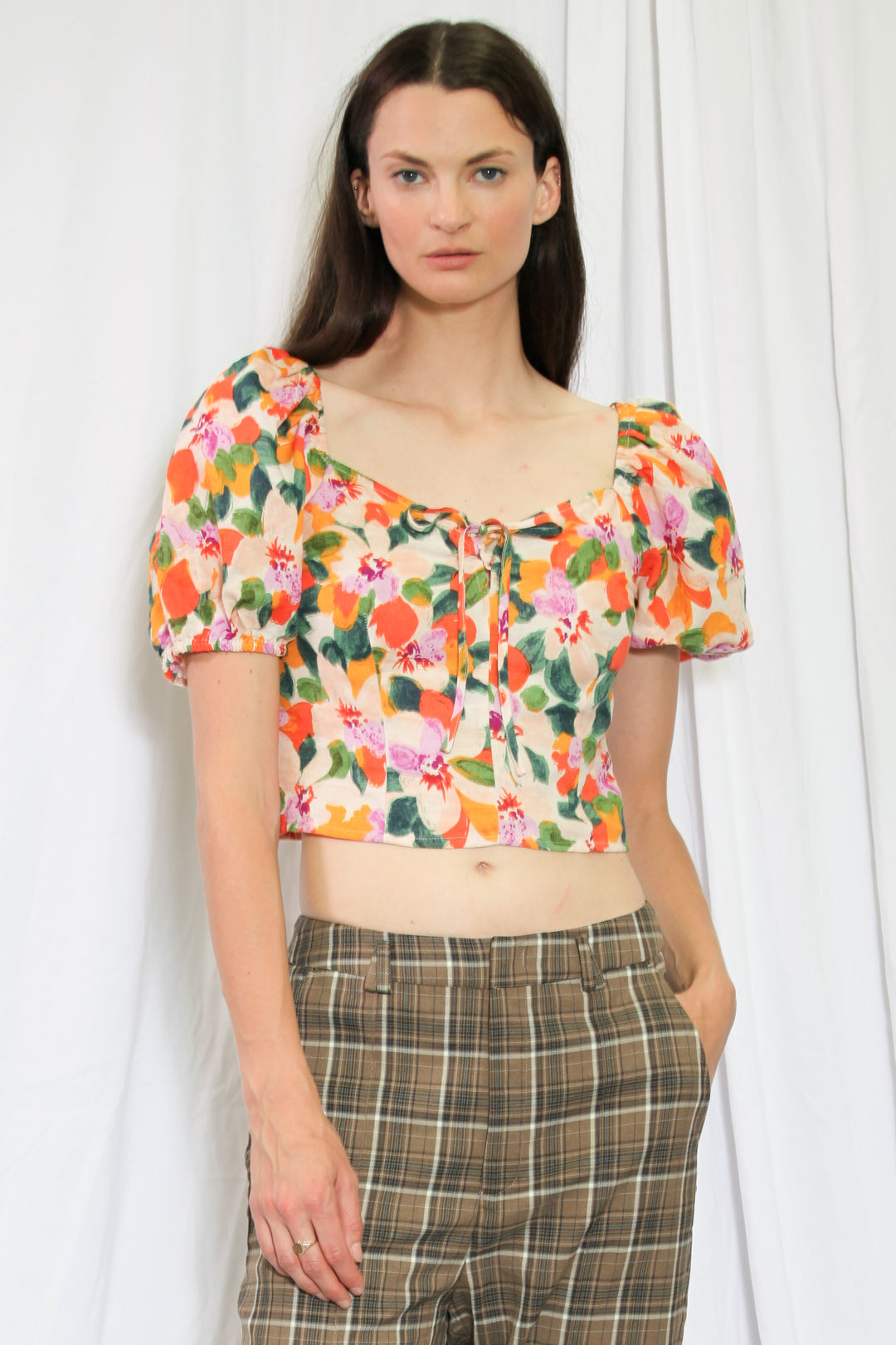 Top floral de algodón estampado naranja