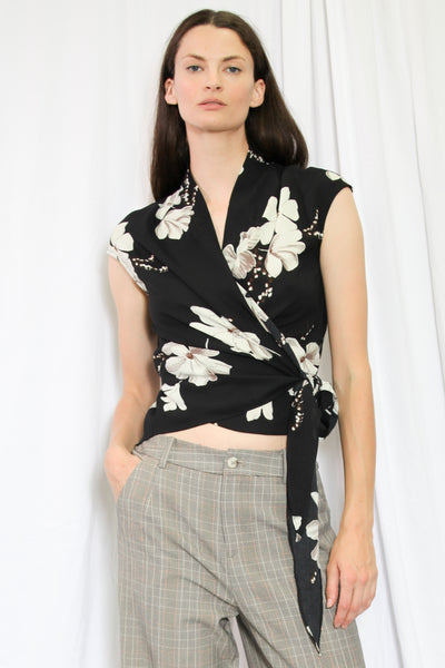 Silk Printed Black and White Floral Wrap Top