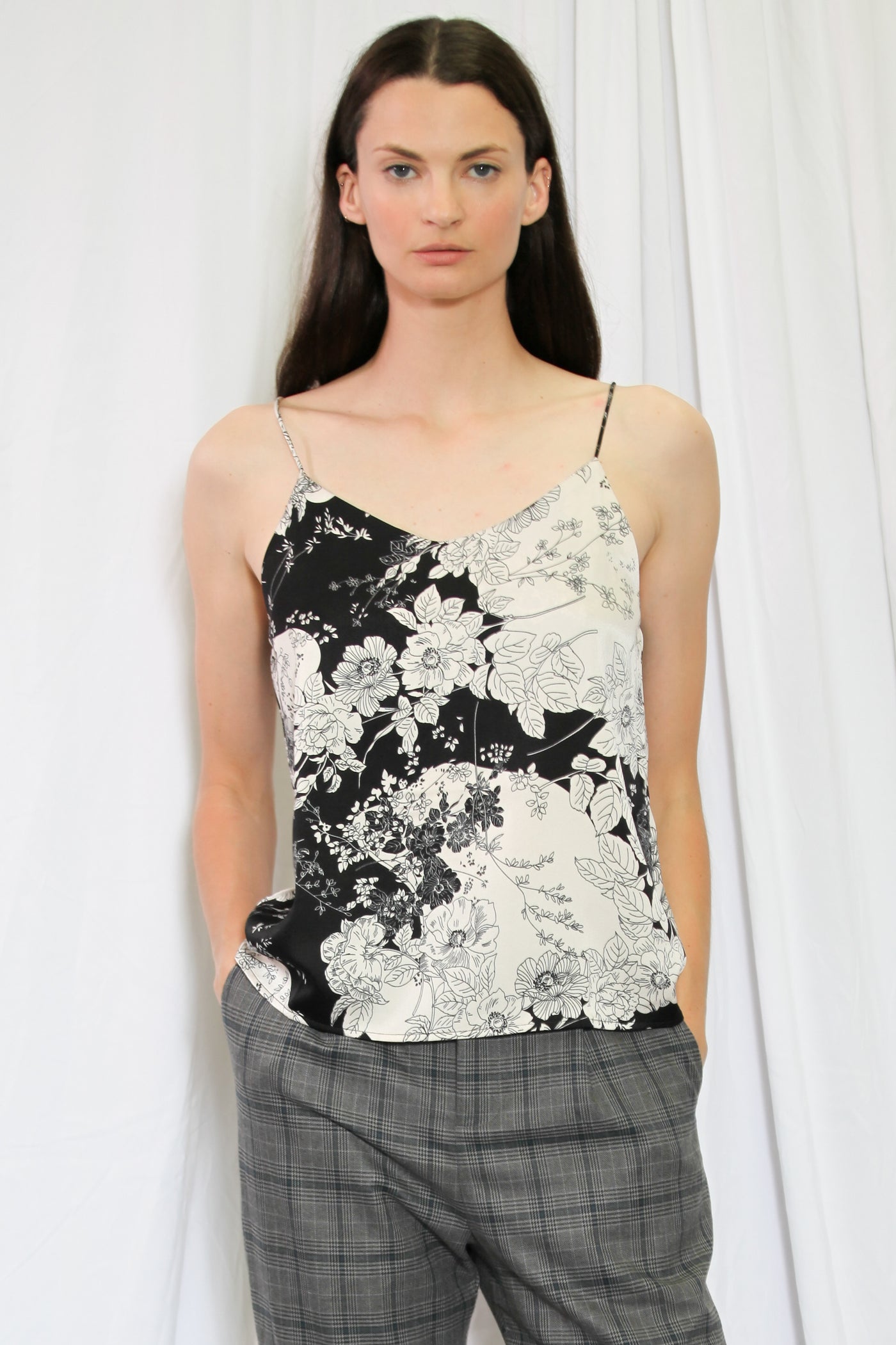 Silk Printed Black and White Floral Camisole Top