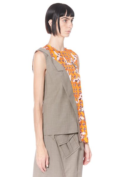 Wool and Silk Printed Sleeveless Deconstructed Top