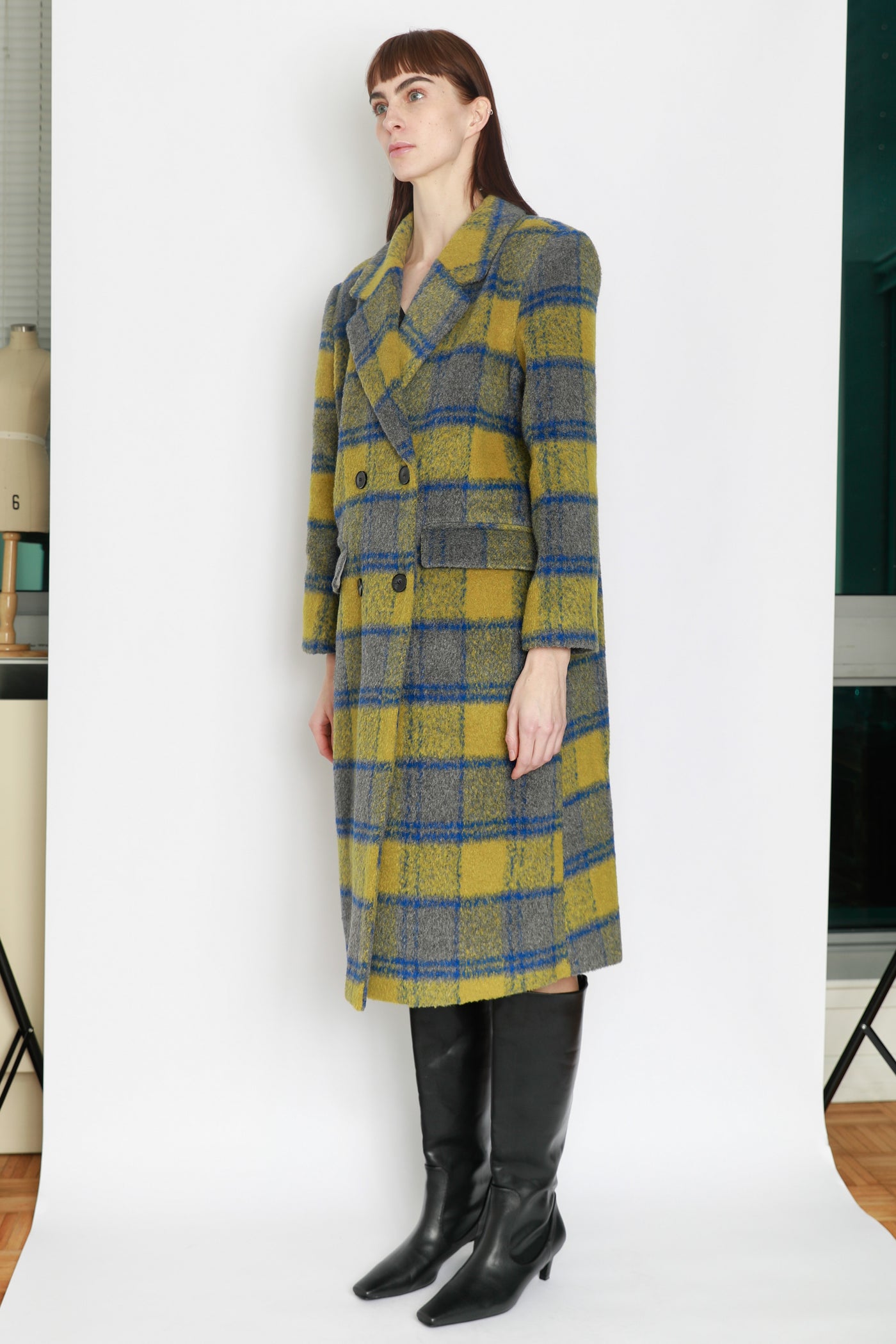 Heavy Wool Yellow Plaid Double Breasted Coat