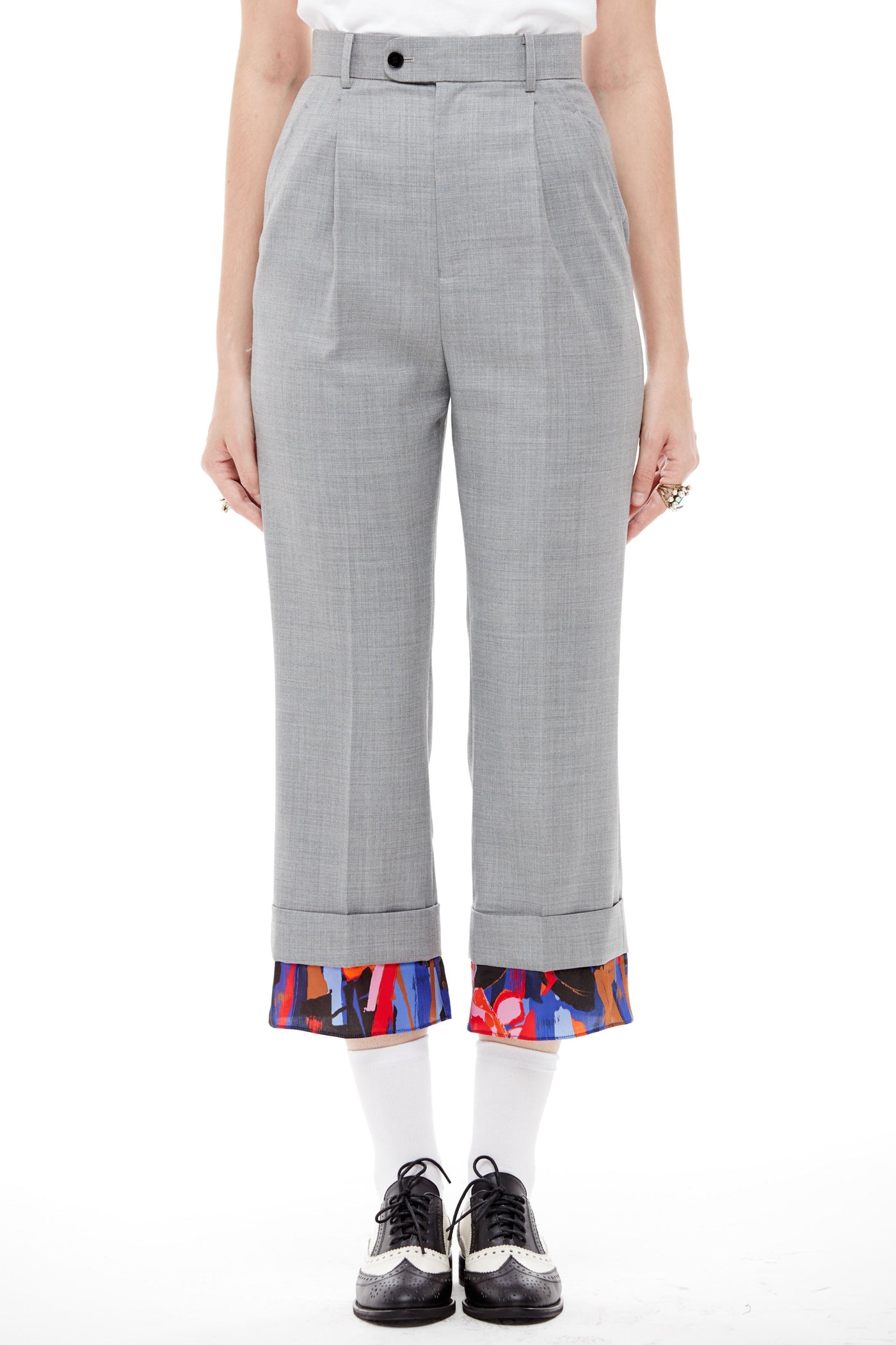 Cropped Grey Wool Pants with Silk Cuff