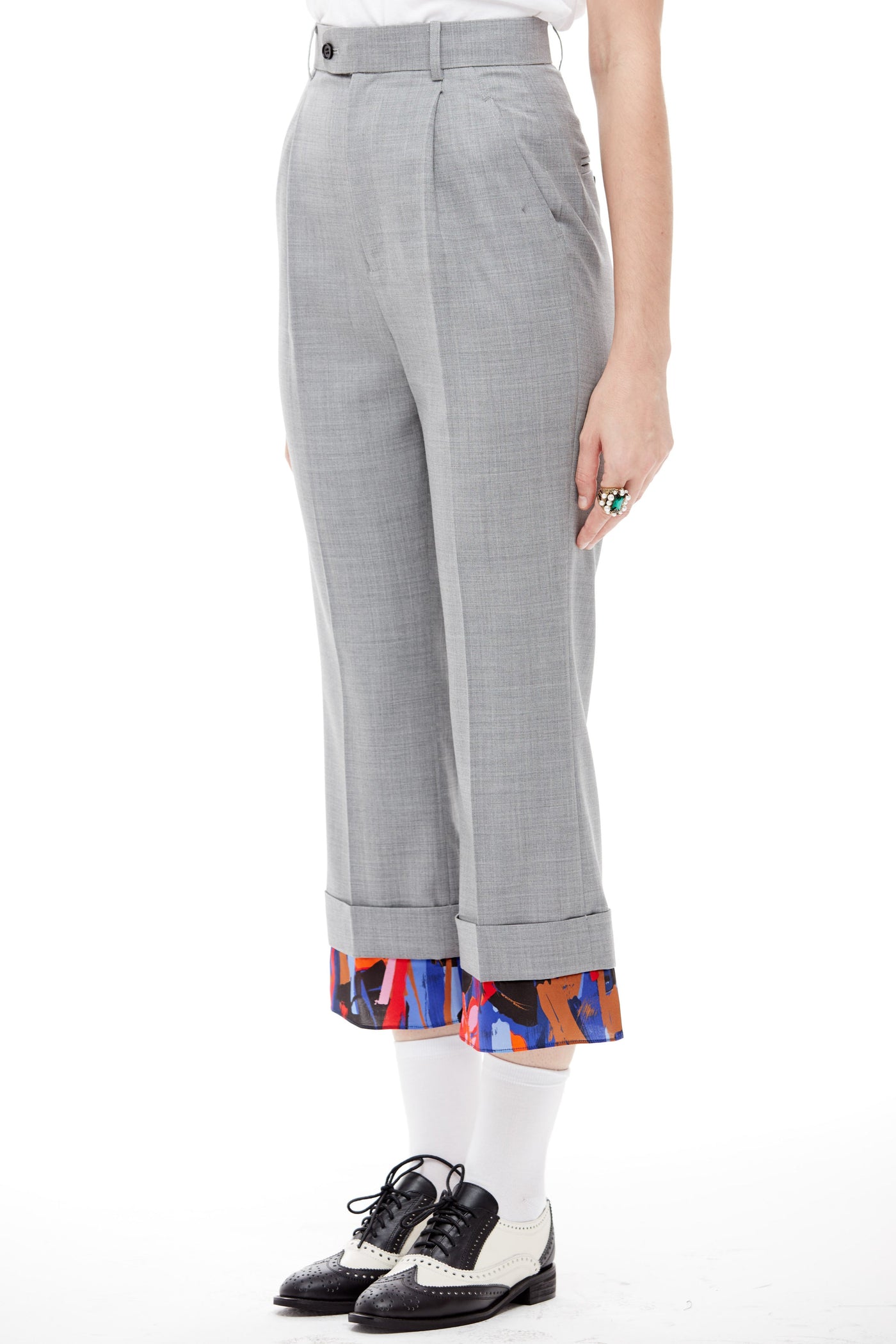 Cropped Grey Wool Pants with Silk Cuff