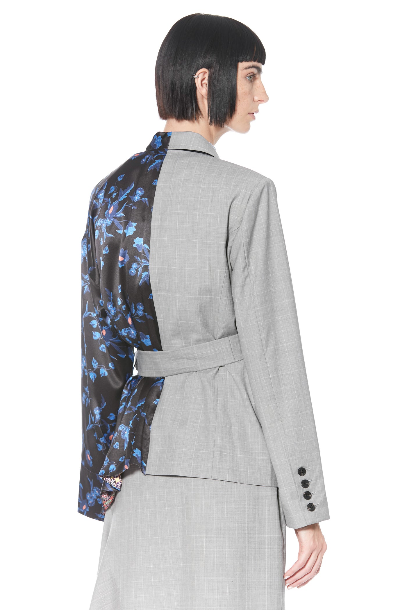 Blazer assimétrico estilo quimono azul estampado de lã e seda