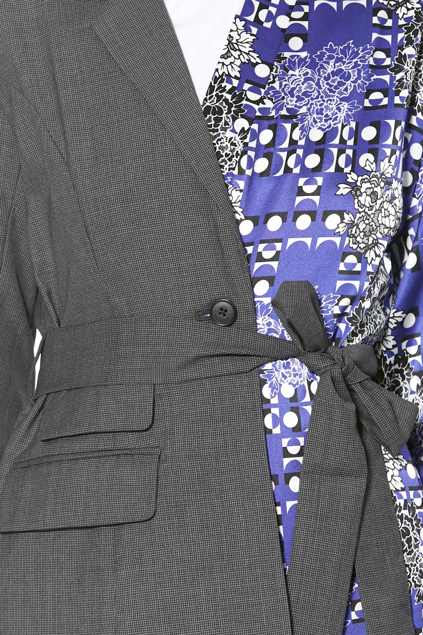 Wool and Silk Printed Blue and Grey Asymmetric Blazer