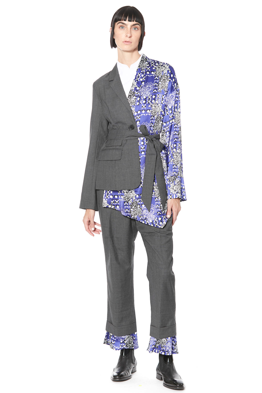 Wool and Silk Printed Blue and Grey Asymmetric Blazer