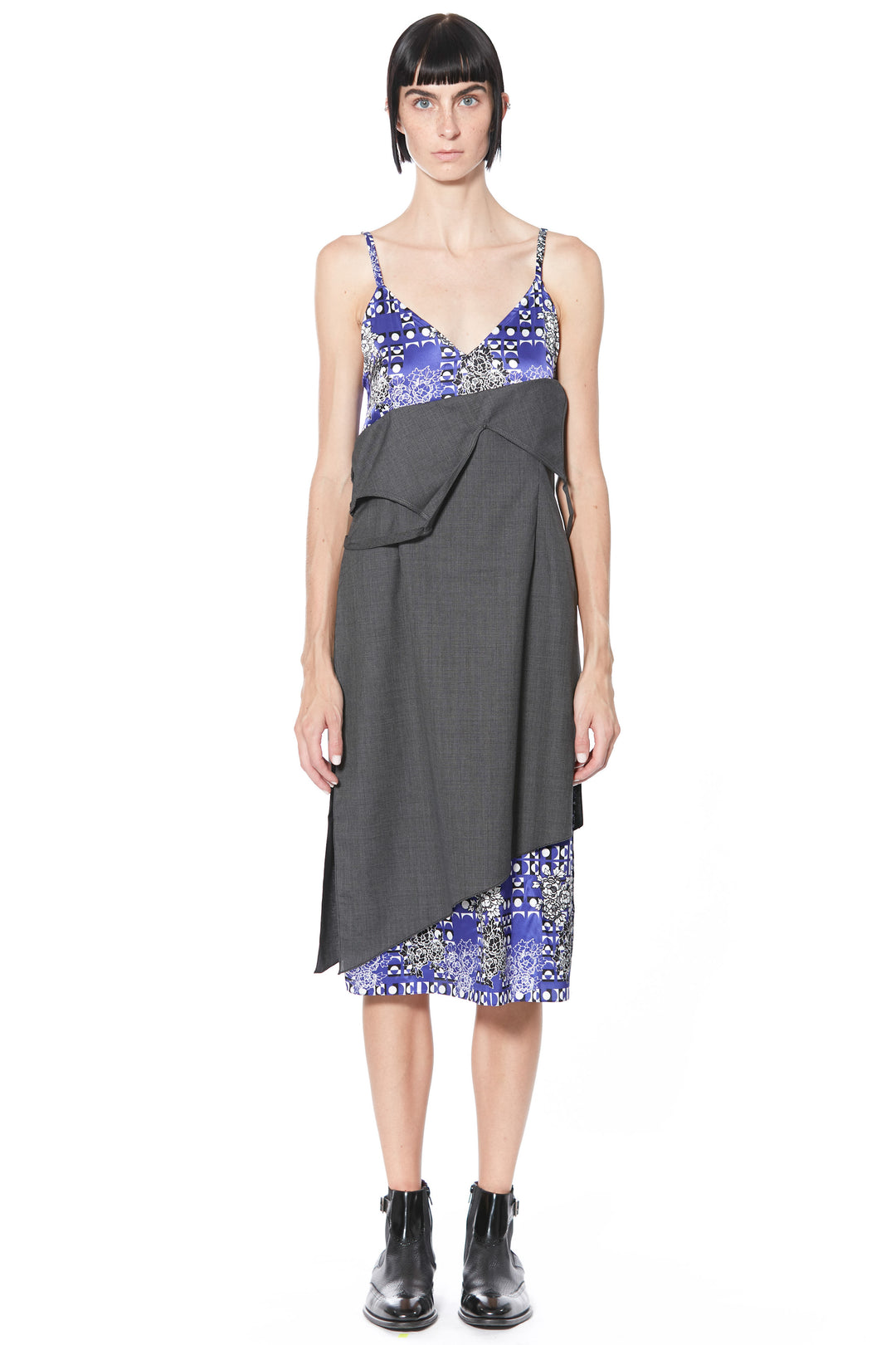 Deconstructed Wool and Silk Printed Blue Slip Dress