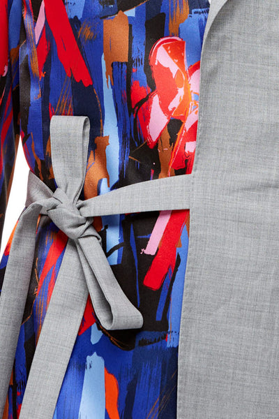 Grey Wool and Silk Graphic Printed Self Tie Blazer