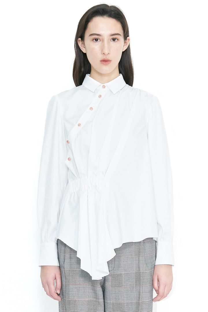 White Pleated Button-Down Shirt