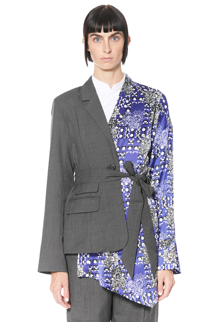 Wool and Silk Printed Blue and Grey Asymmetric Blazer