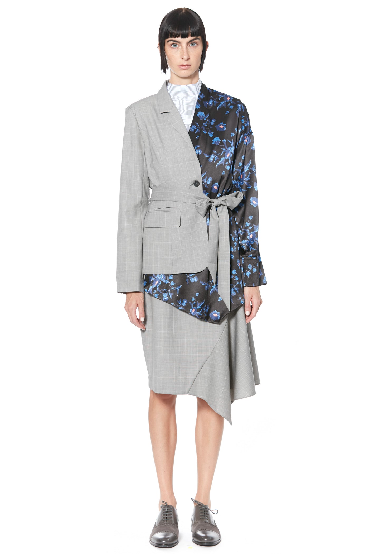 Blazer asimétrico estilo kimono azul estampado de lana y seda