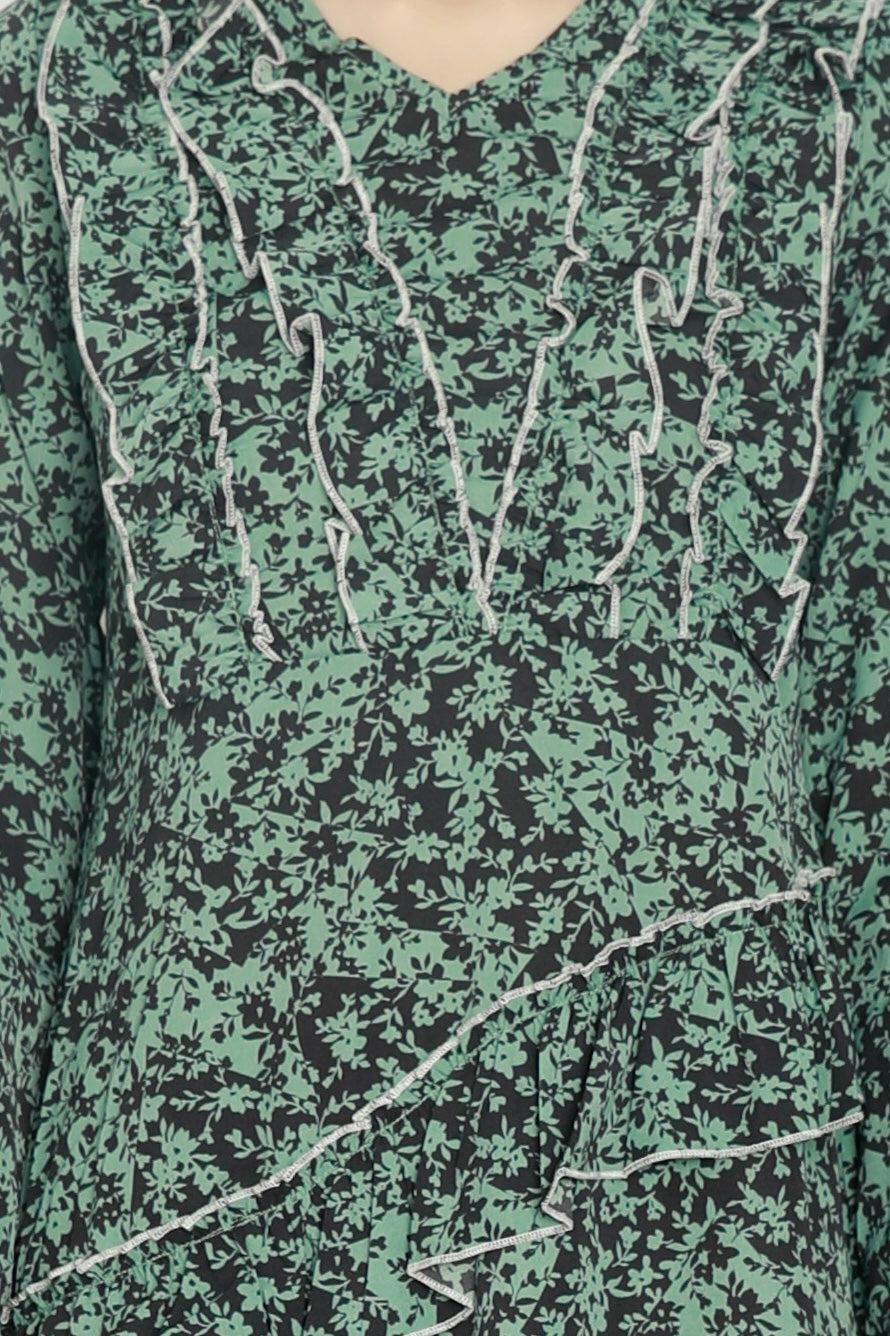 Green Floral Printed Ruffle Dress
