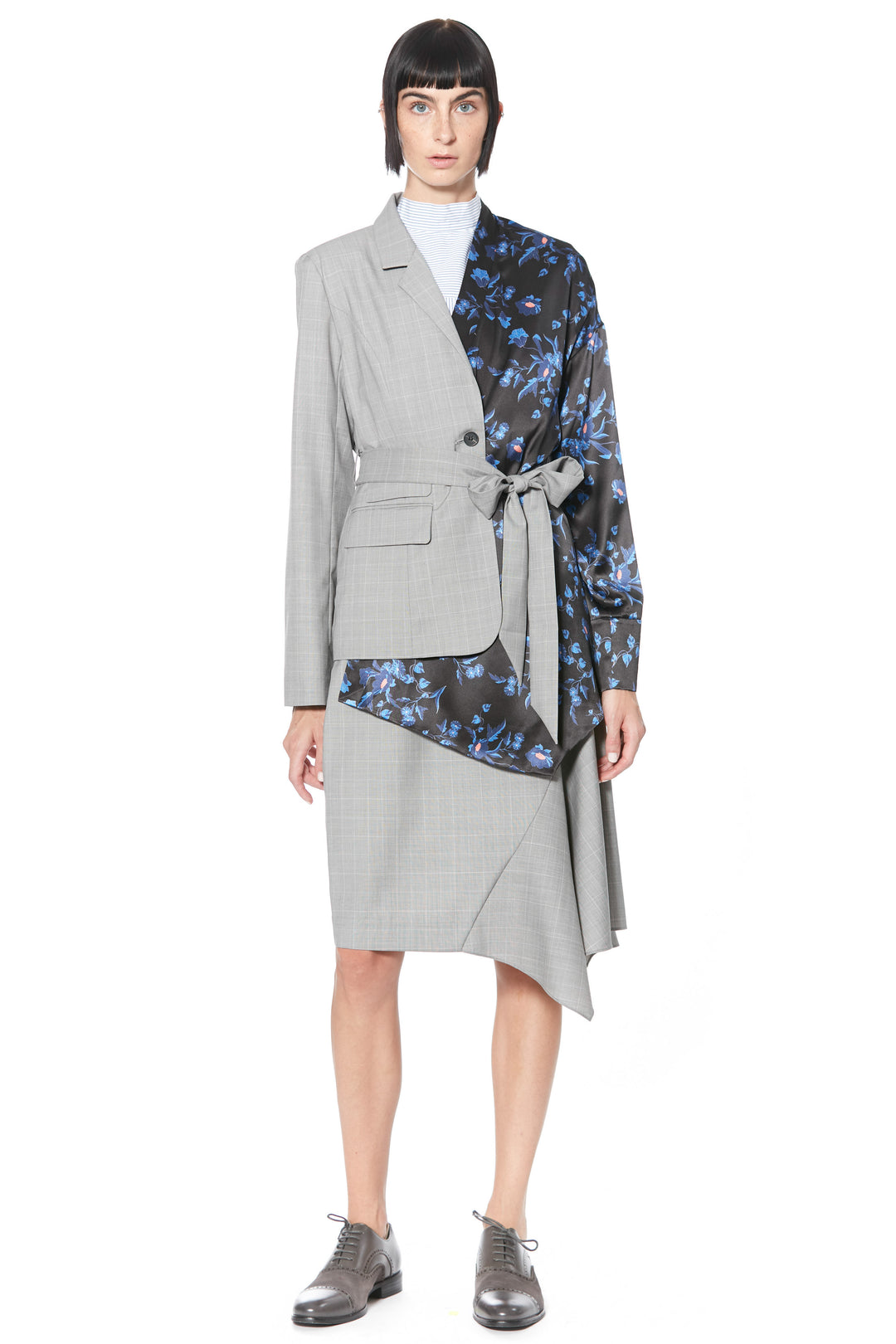 Blazer asimétrico estilo kimono azul estampado de lana y seda