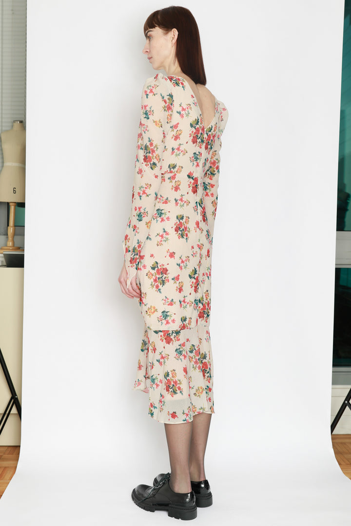 Vestido Midi Floral Bege Estampado em Seda