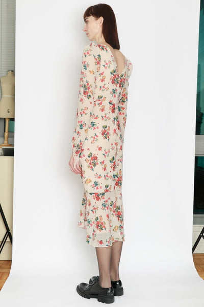 Silk Printed Beige Floral Ruched Midi Dress