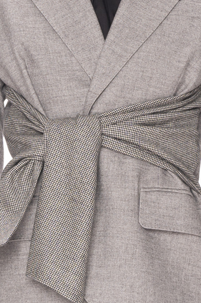 Wool Grey Single-Breasted Self Tie Blazer