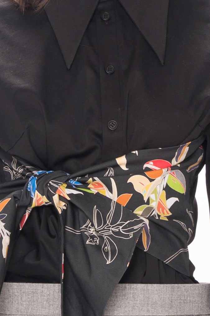 Black Button Down Shirt with Floral Waist Tie