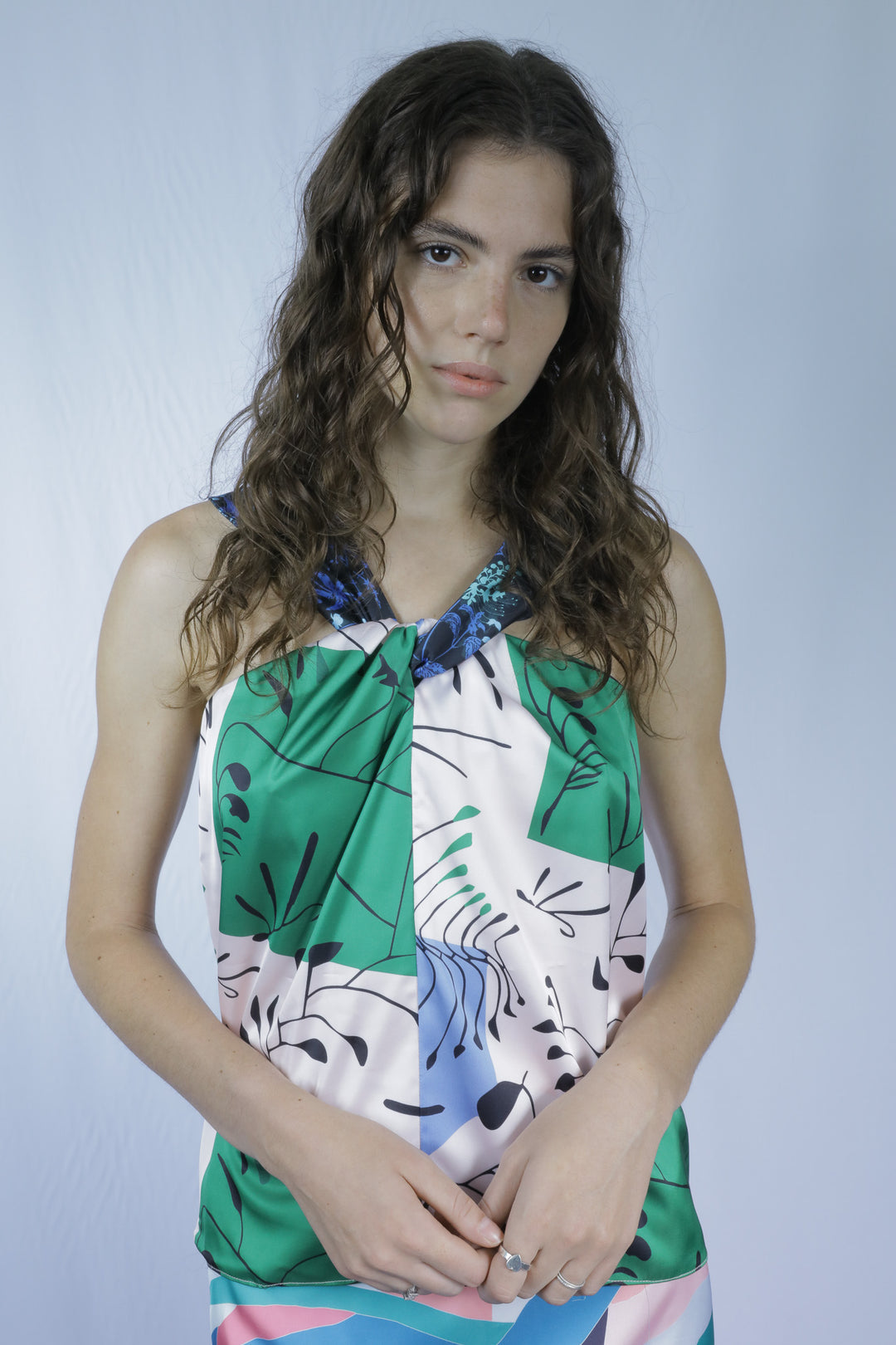 Silk Printed Green Draped Top