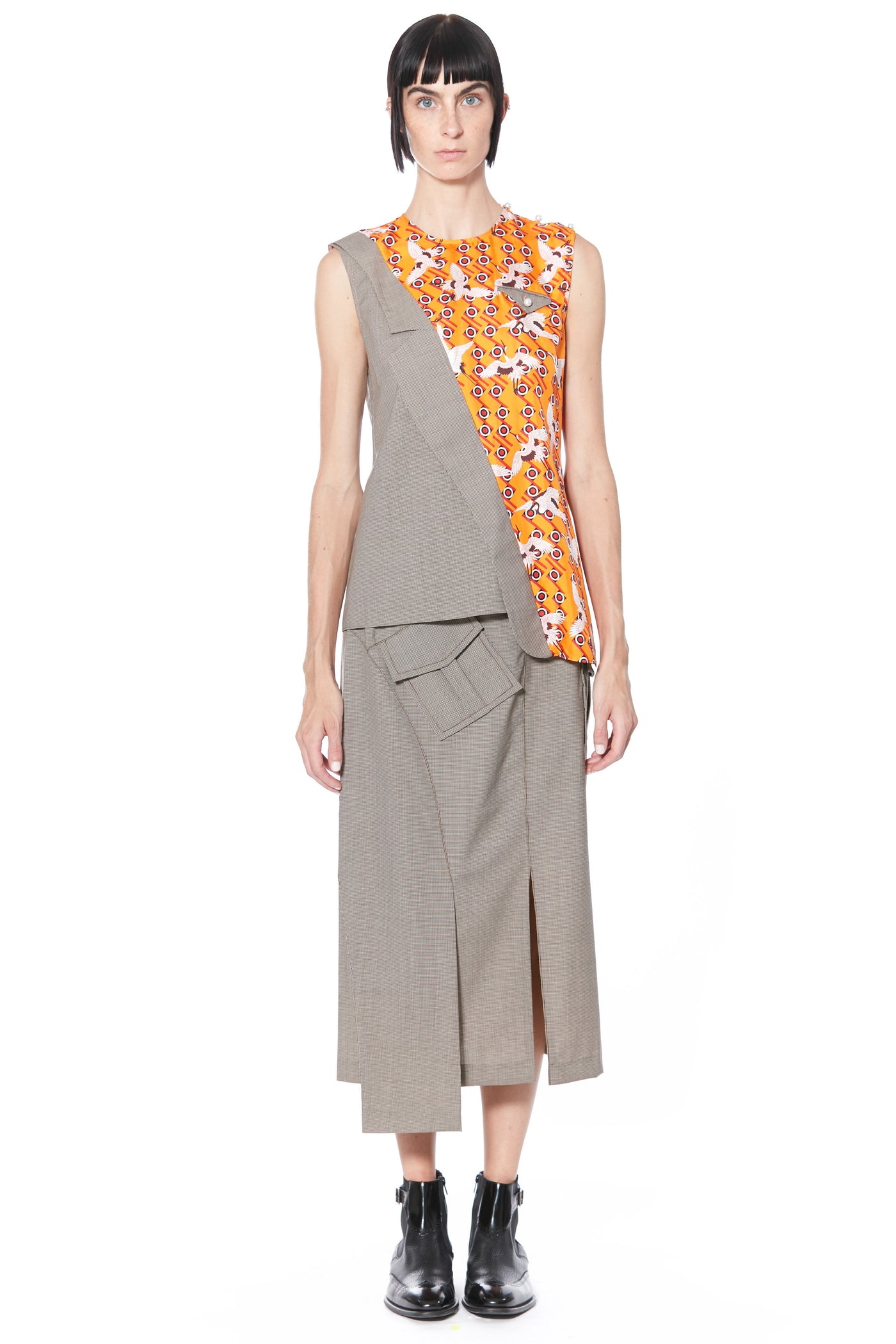 Wool and Silk Printed Sleeveless Deconstructed Top