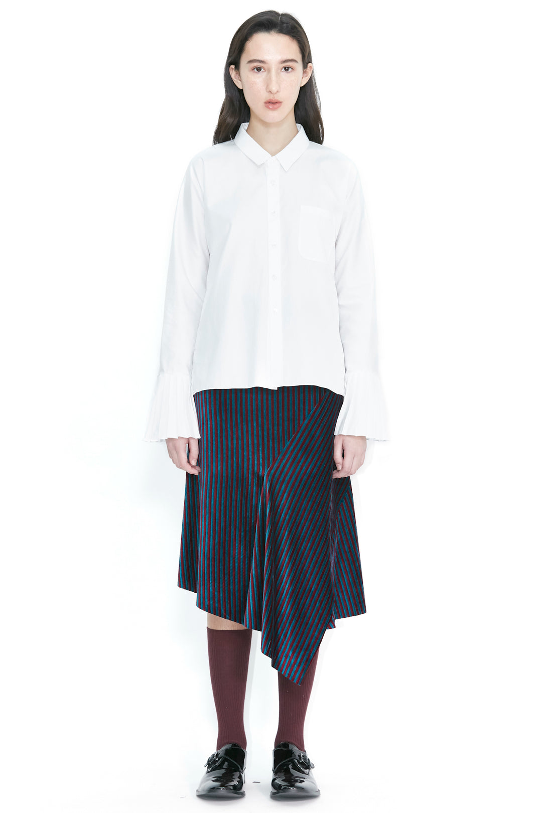 White Pleated Sleeve Button-Up Shirt