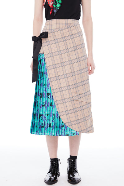 Light Wool and Silk Printed Beige Blue Wrap Skirt