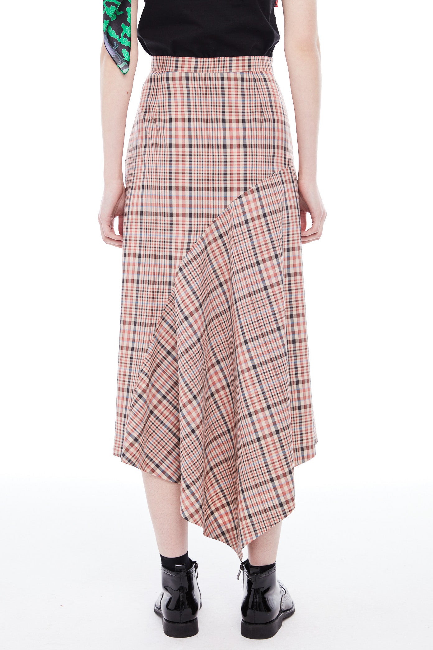 Wool Plaid Draped Long Skirt with Jacquard Tie