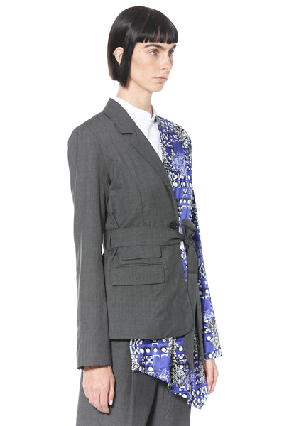 Blazer asimétrico azul y gris estampado de lana y seda