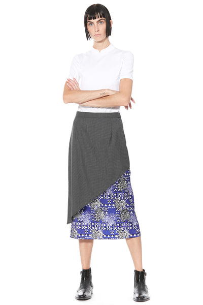 Wool and Silk Printed Blue Asymmetric Midi Skirt