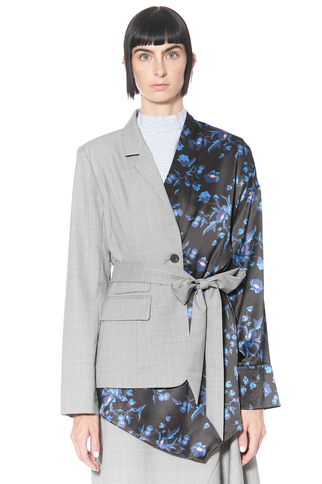 Blazer asimétrico estilo kimono azul estampado de lana y seda