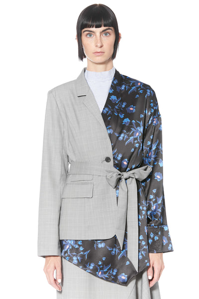 Blazer assimétrico estilo quimono azul estampado de lã e seda