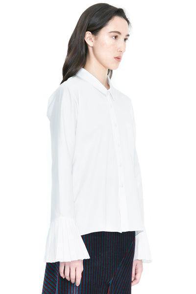 White Pleated Sleeve Button-Up Shirt