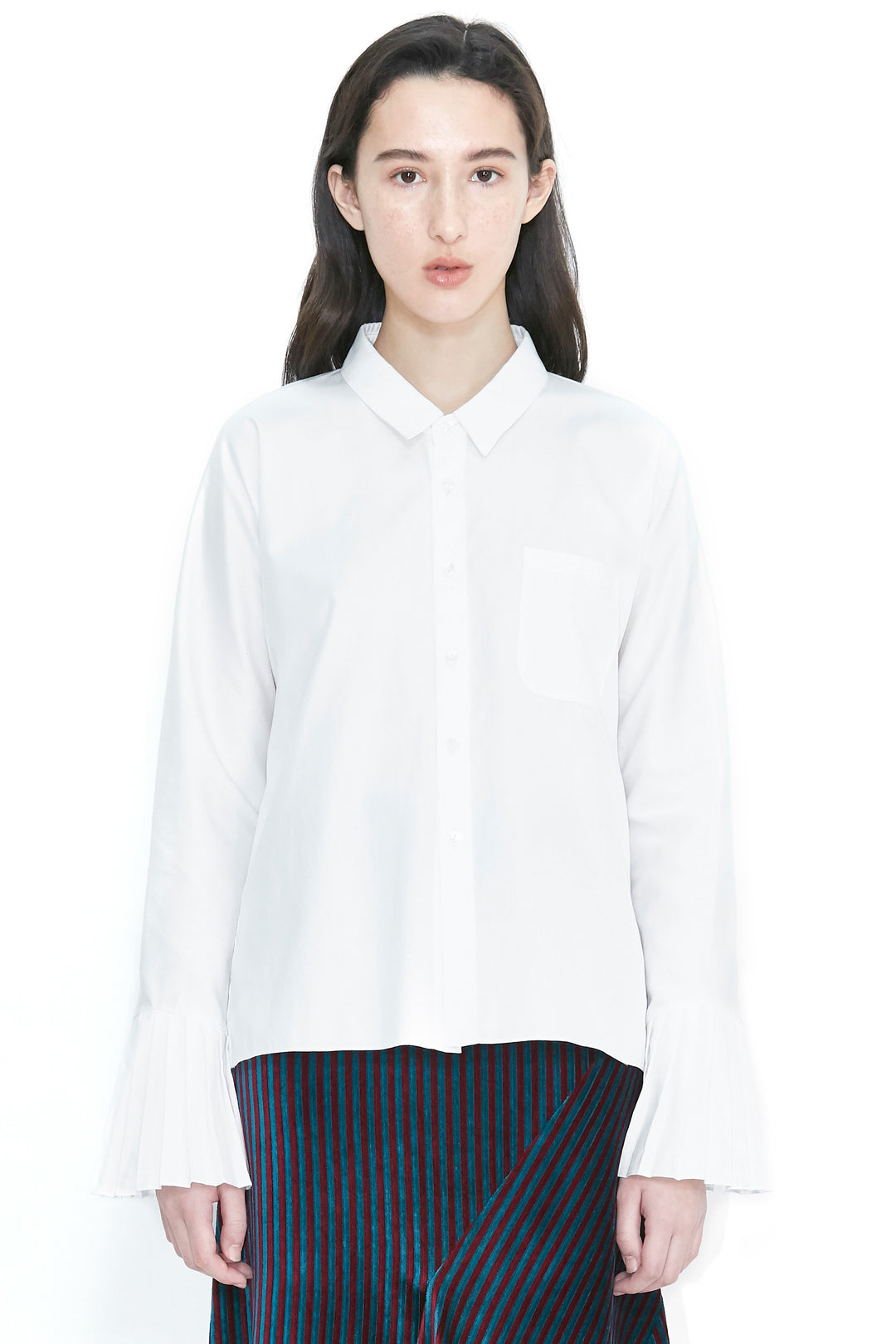 White Pleated Sleeve Button-Up Shirt