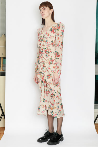 Silk Printed Beige Floral Ruched Midi Dress