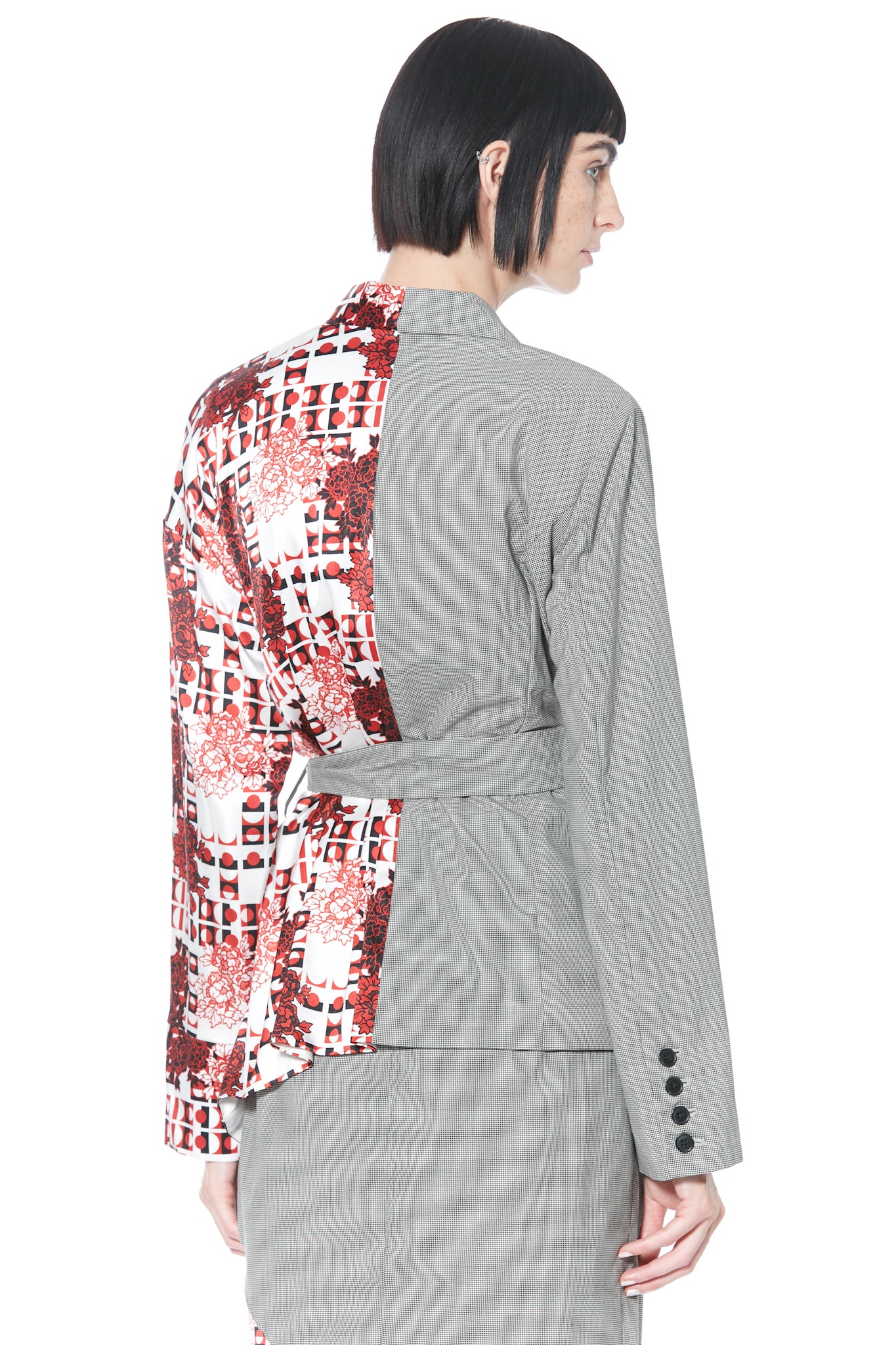 Blazer assimétrico estilo quimono vermelho estampado de lã e seda