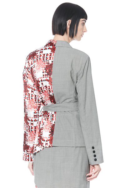 Wool and Silk Printed Red Kimono Style Asymmetric Blazer