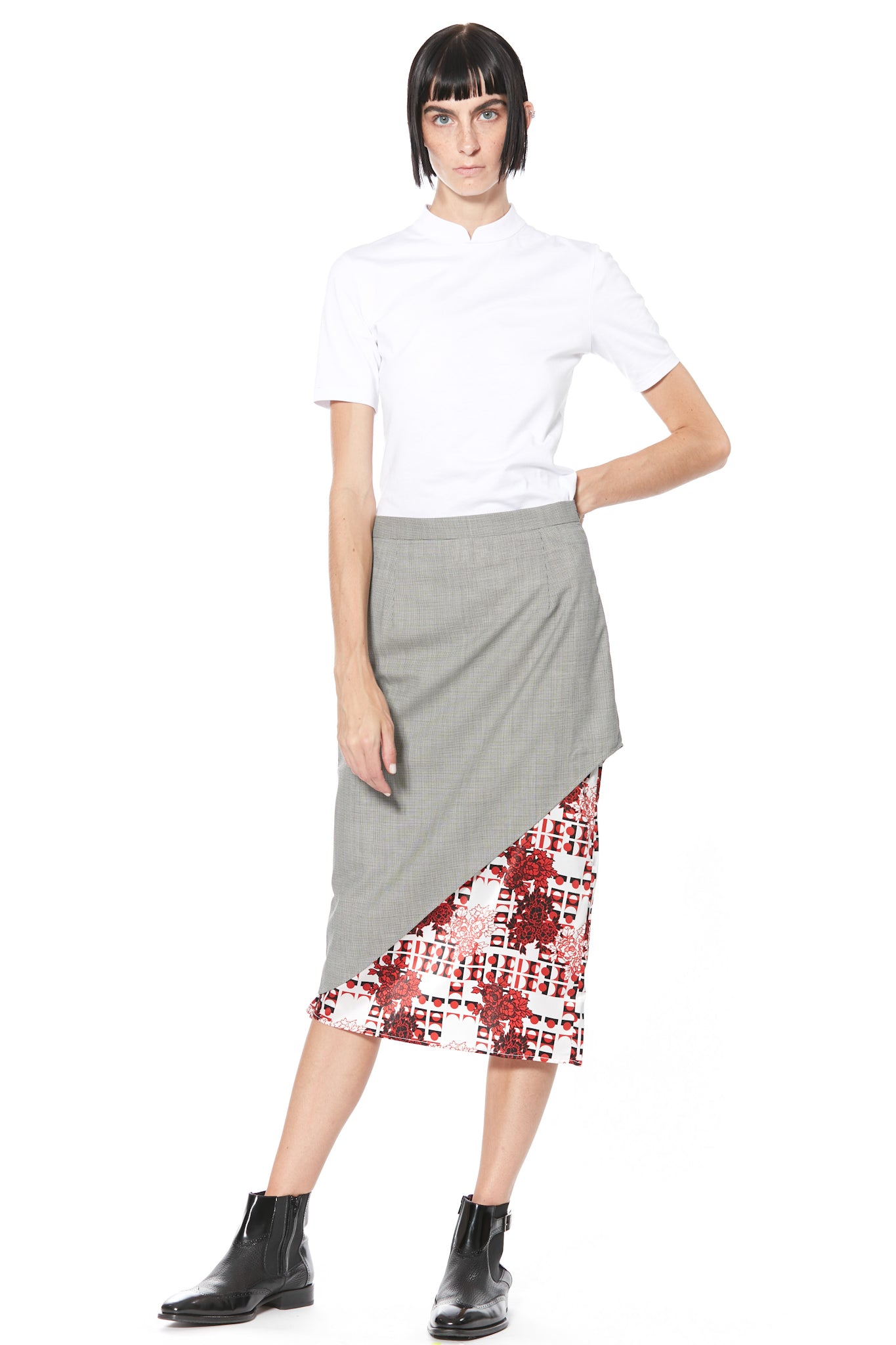 Wool and Print Silk Lining Midi Skirt