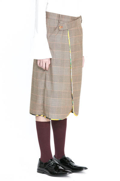 Light Wool and Silk Piping Brown Wrap Skirt