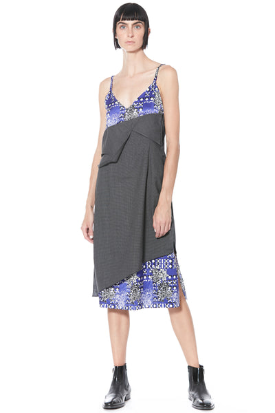 Deconstructed Wool and Silk Printed Blue Slip Dress