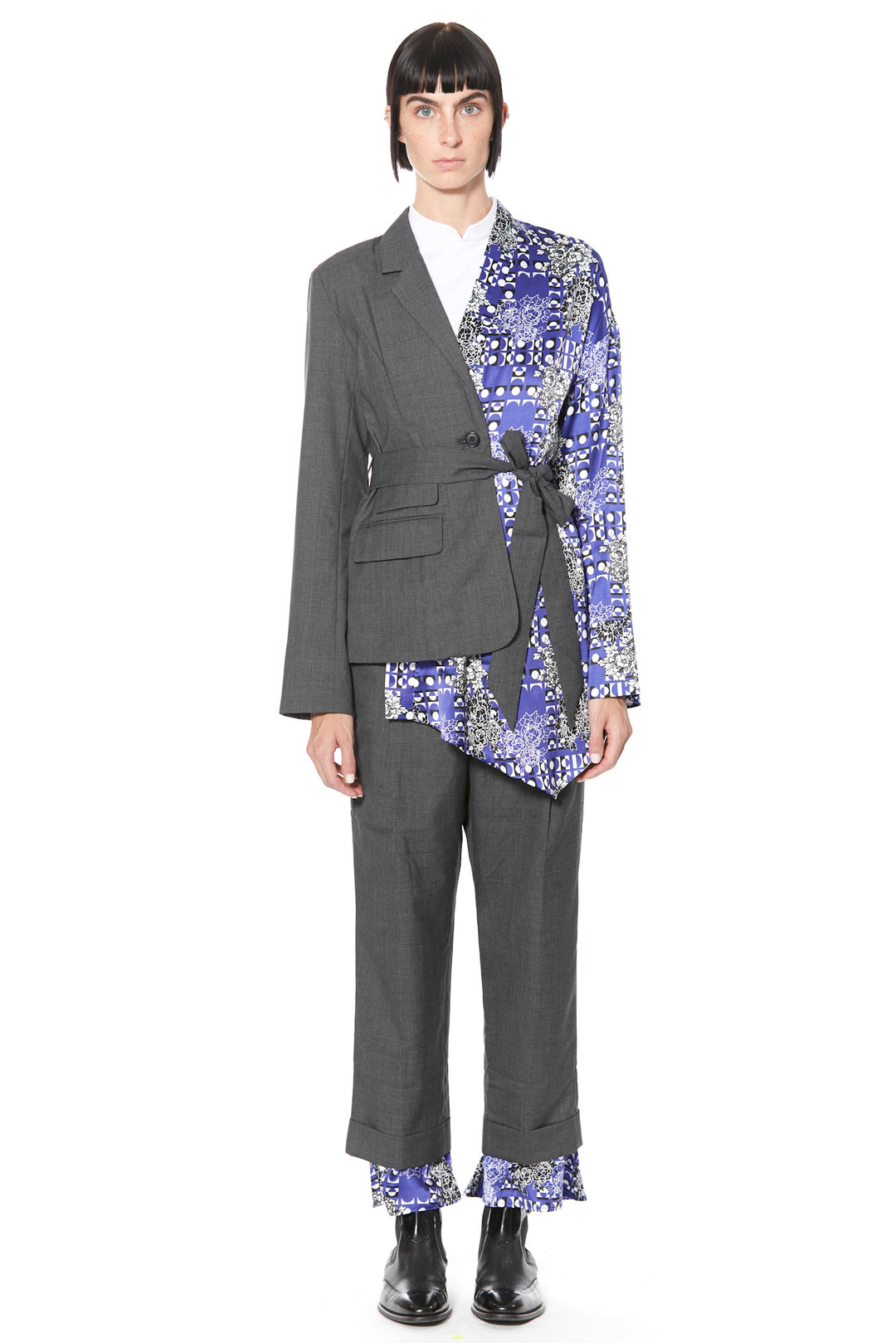 Wool and Silk Printed Blue and Grey Asymmetric Blazer